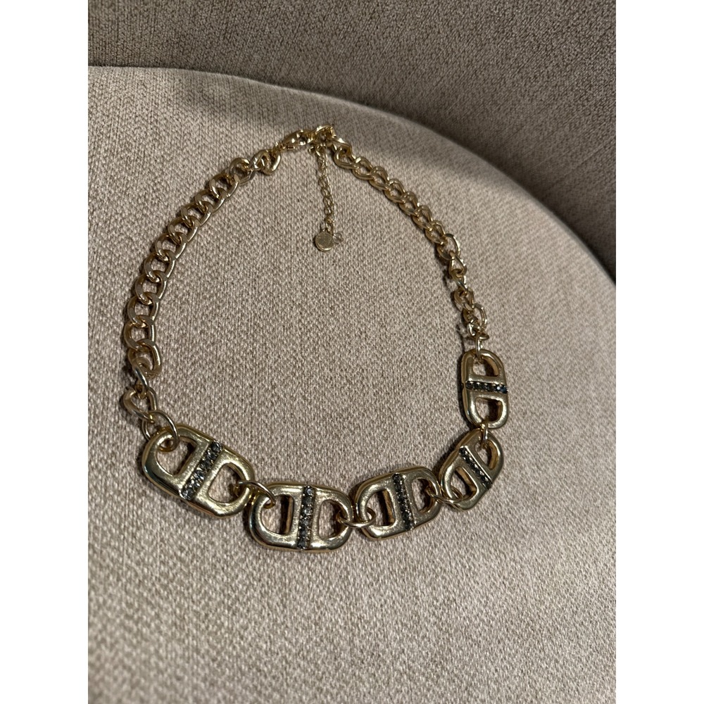 Vintage Statement Necklace Gold Tone Rhinestone Chunky D-Link Curb Chain Collar